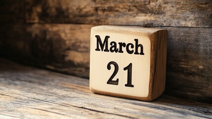 A neatly crafted wooden calendar block sits on a rustic surface, displaying March 21 in bold, timeless lettering.