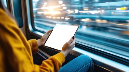 Commuter reading on a tablet subway train digital content urban environment close-up view modern lifestyle
