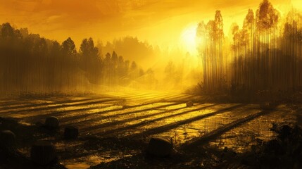 Serene Golden Sunrise Over Agricultural Fields and Silhouetted Trees