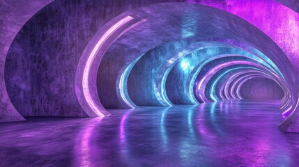 Obraz premium Futuristic Sci-Fi Modern Empty Stage Reflective Concrete Room With Purple And Blue Glowing Neon Tubes Shape Empty Space Wallpaper Background 3D Rendering Illustration