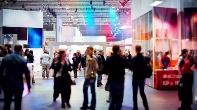 A bustling trade show captured from a slightly elevated angle, showcasing vibrant booths and attendees, reminiscent of a promotional video scene.