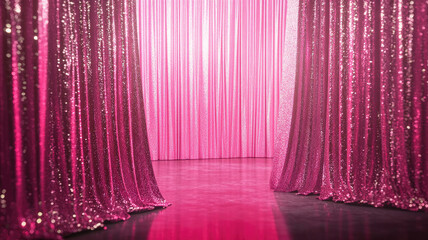 Glitter pink curtains reveal show grand opening stage
