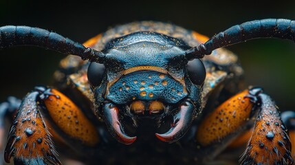 Close-up of a vibrant insect with intricate details, showcasing its unique colors and textures.