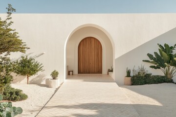 Fototapeta premium Stylish entrance featuring an arched wooden door and lush greene