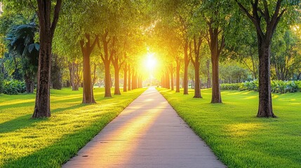 Obraz premium Serene Pathway Through a Lush Green Park at Sunrise