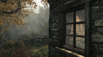 Serene Rainy Day View from Rustic Stone Cottage Window