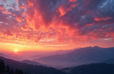 Obraz premium Majestic mountain landscape at vibrant sunset. Colorful pink, red clouds over mountains hills. Golden sun rays shine through sky. Mountain peaks, forest on horizon, panoramic scenic view at dusk.