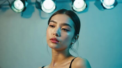 Young Asian Woman with Glowing Skin Blinks Slowly Under Soft Blue Stage Lights, Shifting Her Gaze - Powered by Adobe