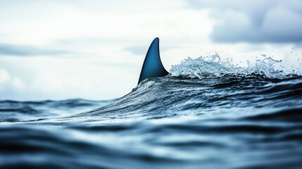 Fototapeta premium Shark Fin Emerging from Calm Ocean Waters Under a Cloudy Sky