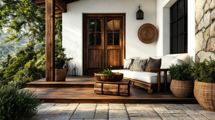 Cozy white cottage with warm wooden textures, beautiful natural surroundings, peaceful and charming atmosphere