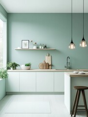 Modern kitchen with green accents showcases a minimalist design concept