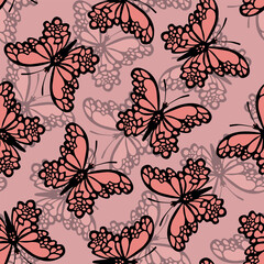 Seamless pattern with funny colorful Butterflies, flowers. Color flat vector illustration for invitation, poster, card, textile, fabric. Butterfly graphic design print. Trendy animal motif wallpaper.
