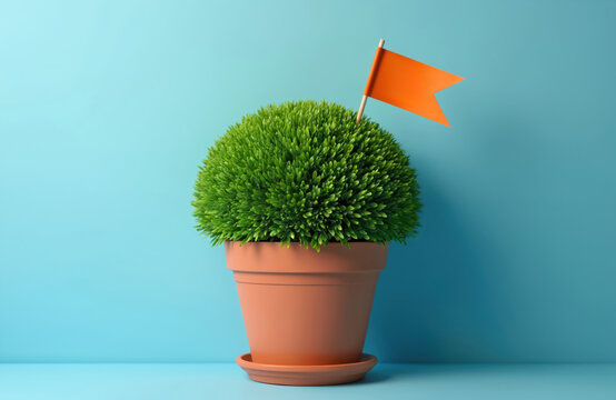 A rich potted green plant with a flag stands on blue background. Traditional decor used for St. John festival. Fresh herb in pot for holiday decor symbolizes growth and tradition.