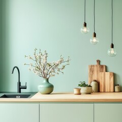 Beautiful kitchen interior featuring a vibrant floral arrangement and lights