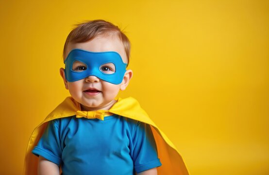 Adorable baby in blue superhero costume with yellow cape smiles confidently. Little hero embodies power, playfulness, innocence. Cheerful infant ready to protect, save world. Cute child, childhood
