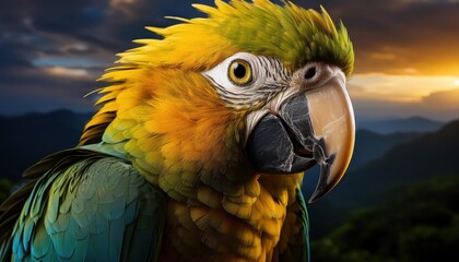 Vivid Macaw Perched on a Tropical Leaf, Bold and Majestic against a Lush Emerald Backdrop, Radiating Exotic Energy in the Equatorial Jungle.