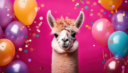 Vibrant Llama Party Amidst a Fuchsia Backdrop A Playful and Exuberant Mammalian Celebration on a...