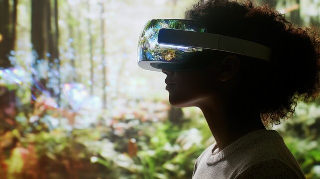 A focused expression on a users face with the VR headset obscuring their eyes as they engage with immersive virtual environments designed to distract from pain. Background holograms