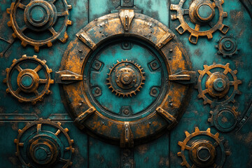 Obraz premium A close-up of a rusted, turquoise mechanical door with intricate gears and a central circular lock, suggesting a steampunk or industrial aesthetic.