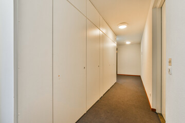 A sleek and modern interior hallway featuring white cabinets, soft lighting, and a clean aesthetic, ideal for showcasing minimalist design in home interiors.