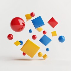 Colorful spheres and squares hover against a clean white background