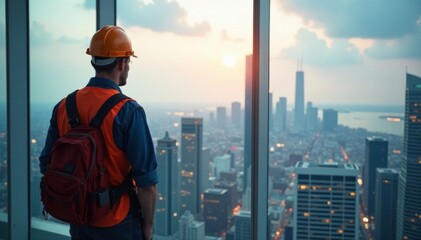 Construction worker gazing at panoramic city view from high-rise building, industry, career