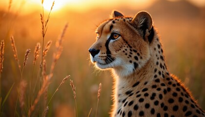 Obraz premium Close-up of cheetah portrait on International Cheetah Day. Feline predator watches prey at sunset, wildlife conservation awareness. Africa nature eco environment with wild cat, sunrise background.