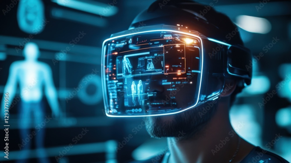Poster software engineer working on virtual reality software using a futuristic headset with head up displa