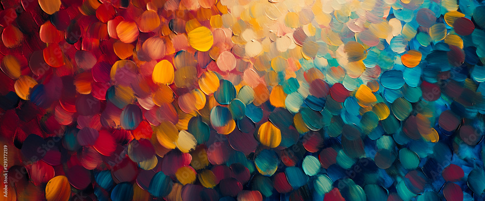 Poster abstract painting with vibrant, multicolored brushstrokes forming circles, symbolizing creativity, e