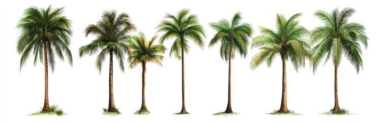 Fototapeta premium Set of tropical palm trees, isolated on a white background