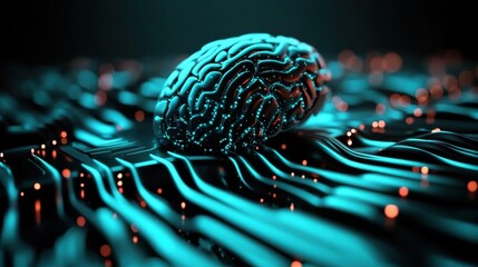 Cybernetic AI brain, artificial intelligence visualized as a glowing digital entity, high-tech future AI concept