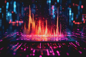 Futuristic cityscape illuminated by vibrant neon lights at night with a glowing urban background