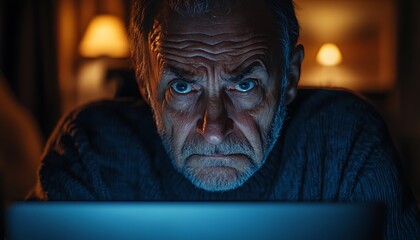 Elderly man intently using laptop at night