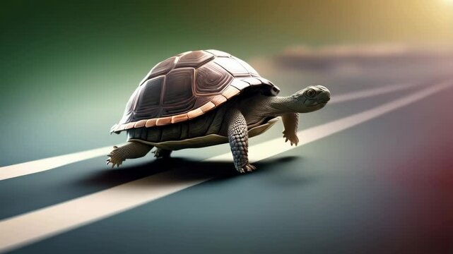 Patience is a virtue metaphorical illustration. Turtle slowly moving towards finish line.
