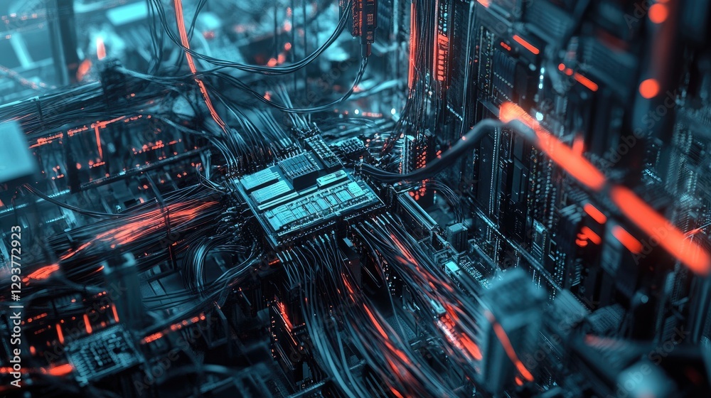 Poster A chaotic tangle of network cables leads to a managed switch in a high-tech data center, illustrating complex infrastructure and tech operations