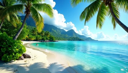 Lush tropical palms, idyllic Polynesian lagoon panorama , photography, peaceful