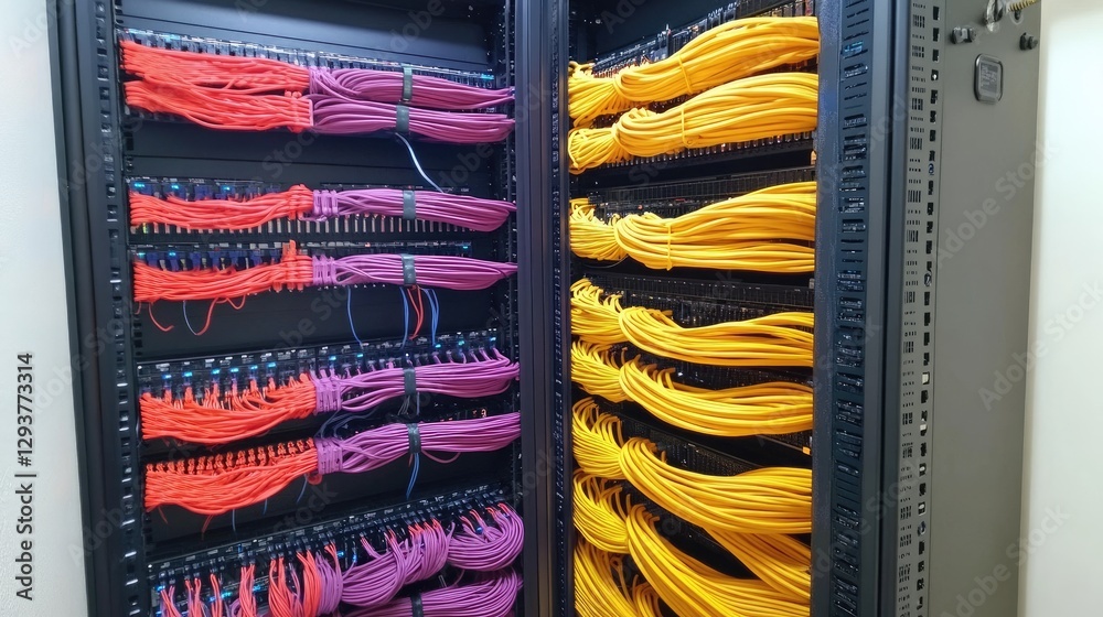 Poster A clean, well-organized server rack featuring color-coded network cables plugged into a switch panel, highlighting modern data center infrastructure