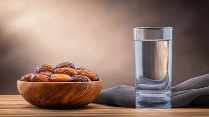A bowl of dates beside a glass of water on a wooden surface, creating a warm and inviting atmosphere, ramadan fasting  purity gratitude eid ul fitr mubarok 