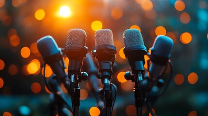 A corporate press conference setup multiple microphone