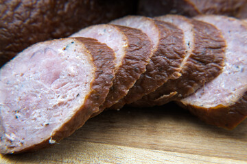 Dry smoked sausage, medium minced. Traditional taste and appetizing aroma.
