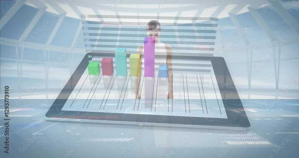 Poster bar graph animation over digital tablet with futuristic data interface
