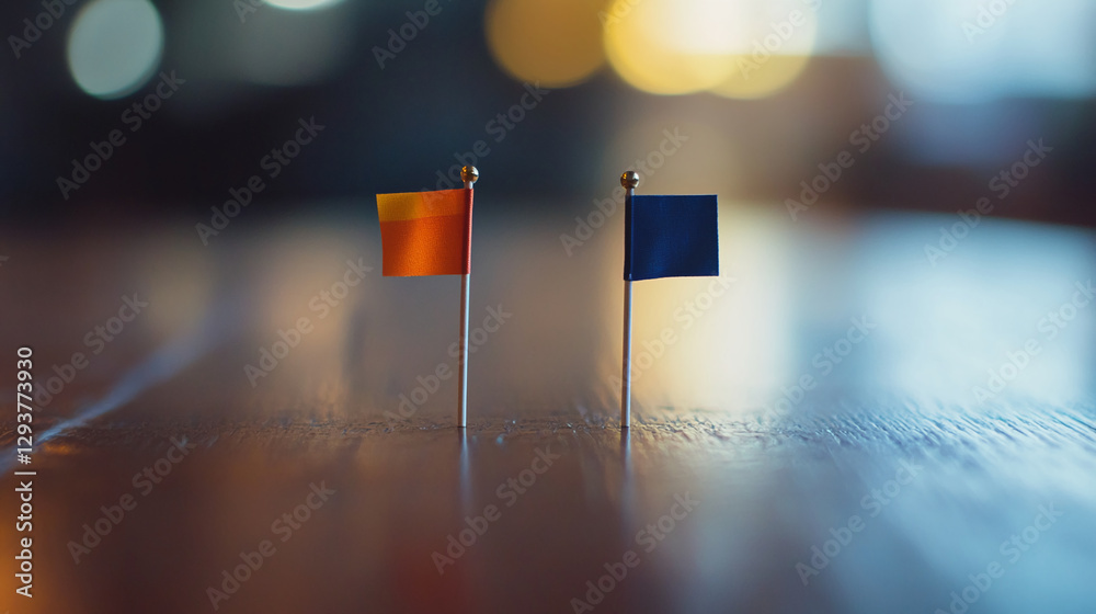 Poster two small colorful flags in orange and blue pinned on the table with a blurred background, represent