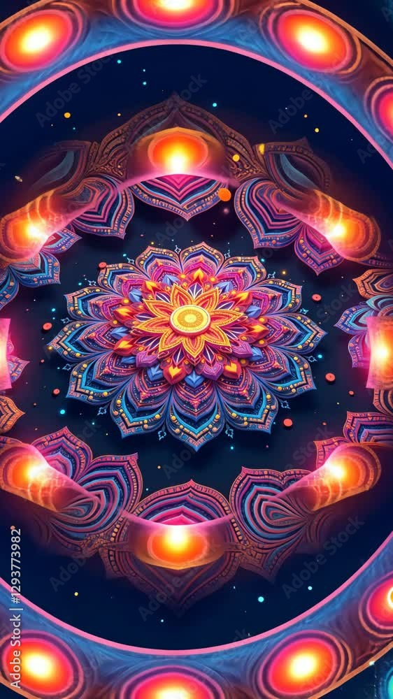 Poster a colorful flower with many petals is shown on a black background. the flower is made up of many sma