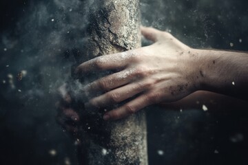 A scene where some hands support a pillar that prevents other elements from moving, creating an effect of stability. 