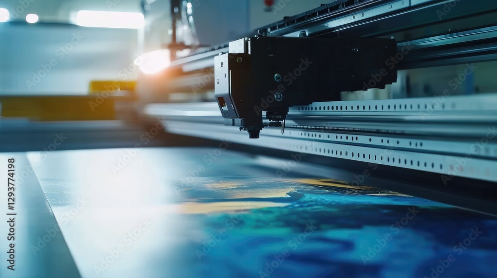Poster a close-up of a state-of-the-art industrial inkjet printer printing vibrant graphics on a large shee