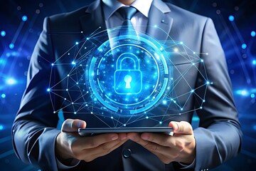 Businessman Holding a Tablet with a Holographic Security Lock Image