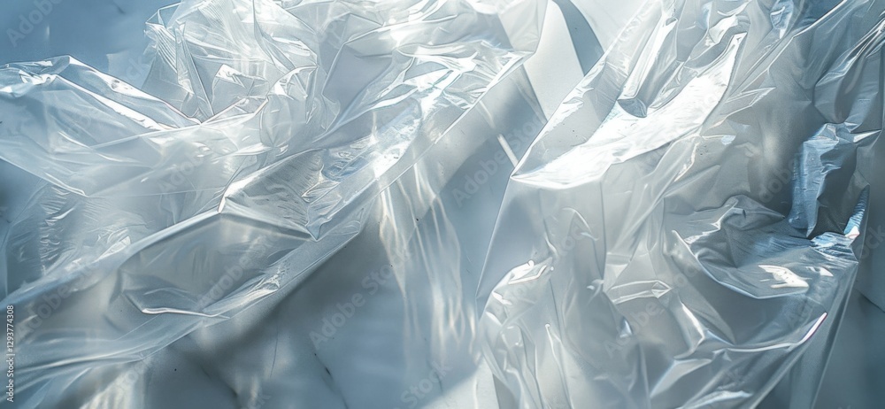 Poster Wrinkles and folds in clear plastic sheets interact with natural light, creating fluid shapes and illuminating the surrounding area in a bright indoor space.