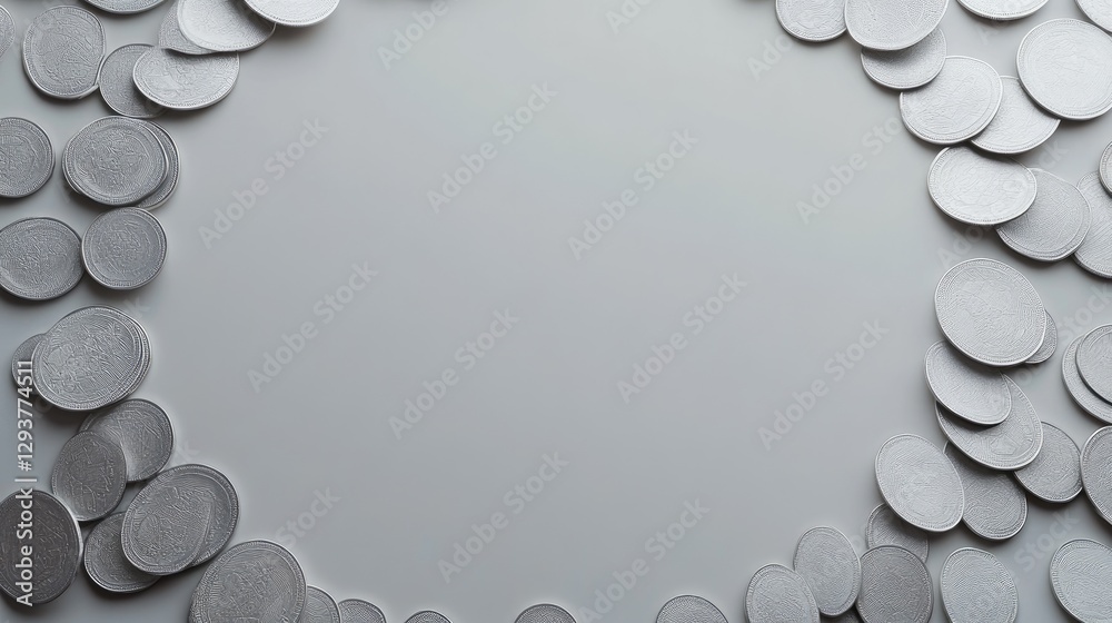 Poster a close-up of coins arranged in a perfect circle, set against a clean, minimalist background, with r