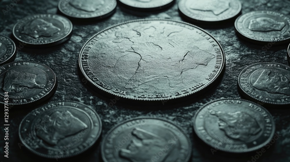 Poster a close-up of coins arranged in a perfect circle, set against a clean, minimalist background, with r