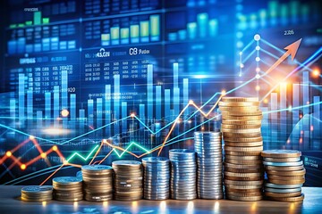 Financial Growth: Stacks of Coins Overlaying Stock Market Data